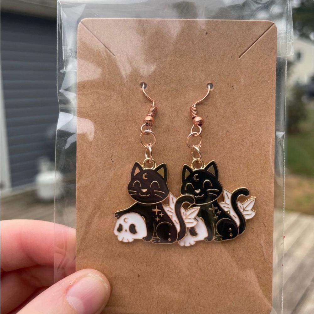 Hand-pieced Black and White Cat Earrings